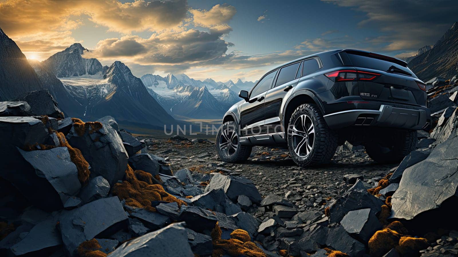 SUV car on top of mountain with beautiful scenery, closeup wheel, Generate Ai