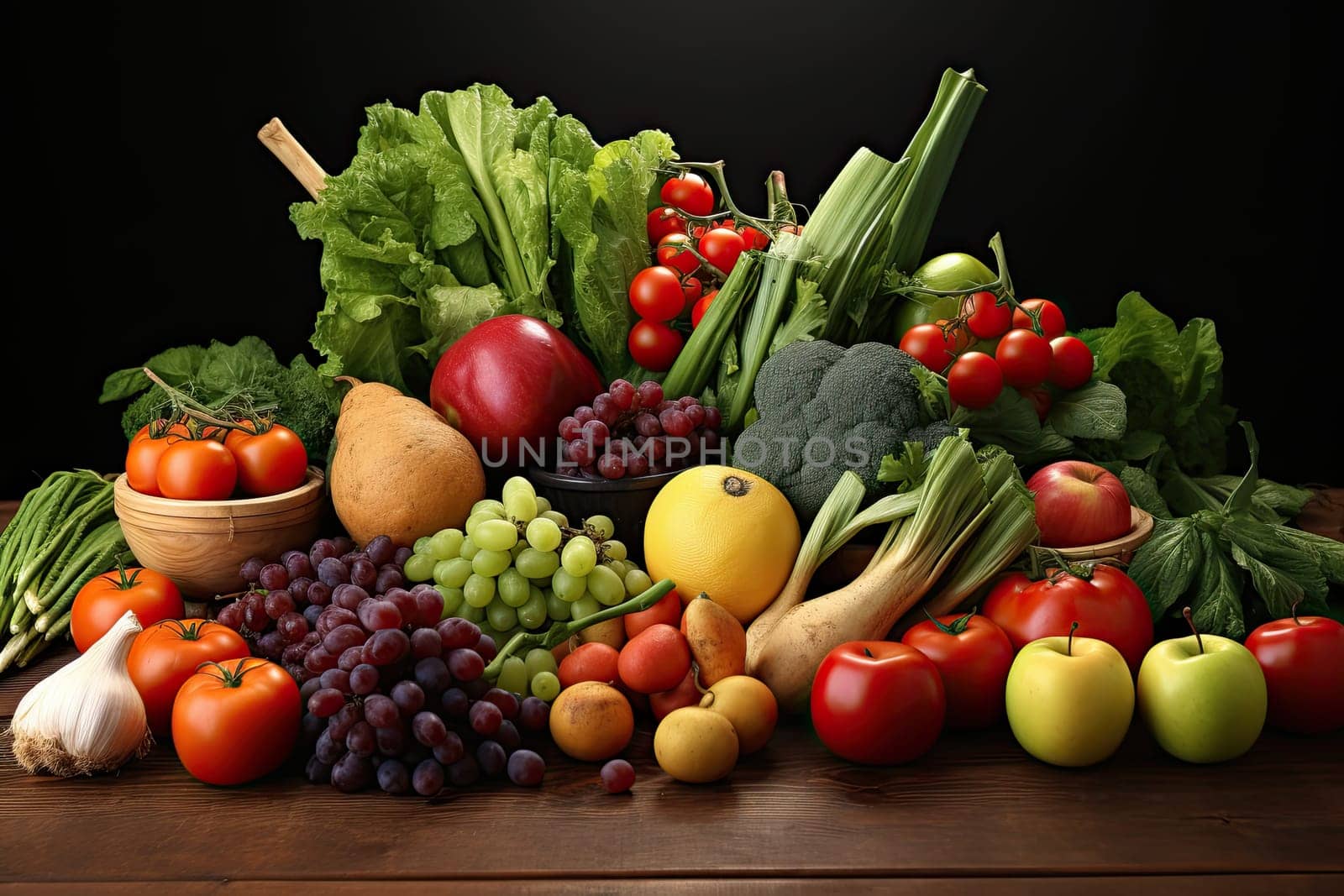 Multicolored, juicy vegetables and fruits on a table, healthy and wholesome food, Healthy Food Concept, Generative AI
