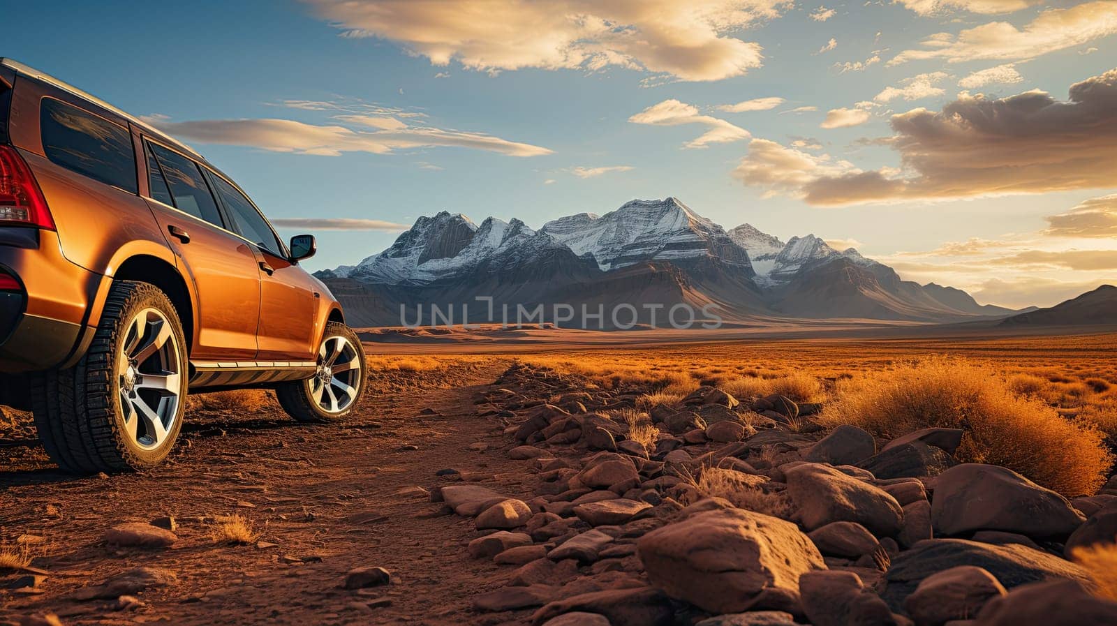 SUV car on top of mountain with beautiful scenery, closeup wheel, Generate Ai