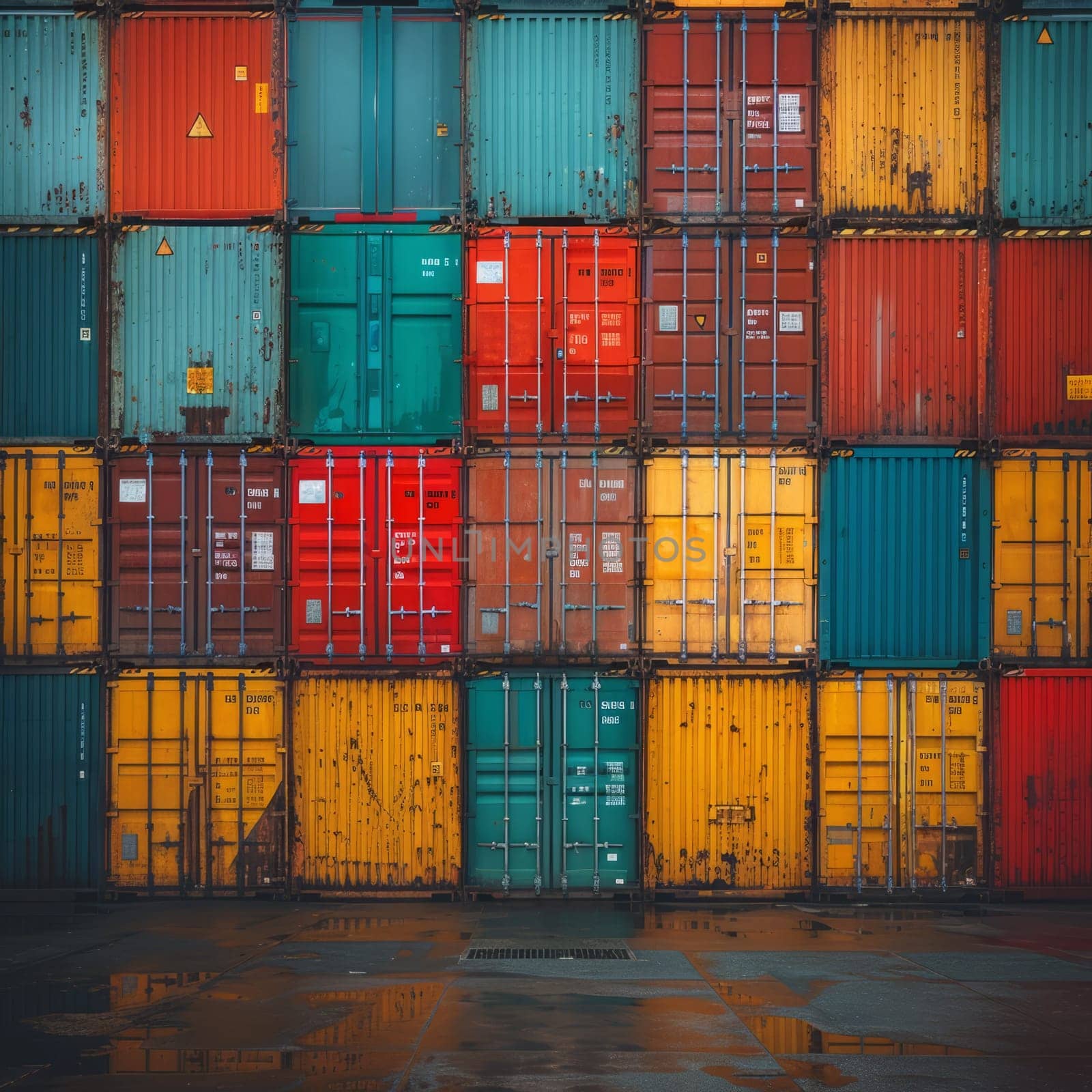 Cargo containers stacked in a port. The containers are used for shipping, transportation, and logistics in various industries. Ai generated