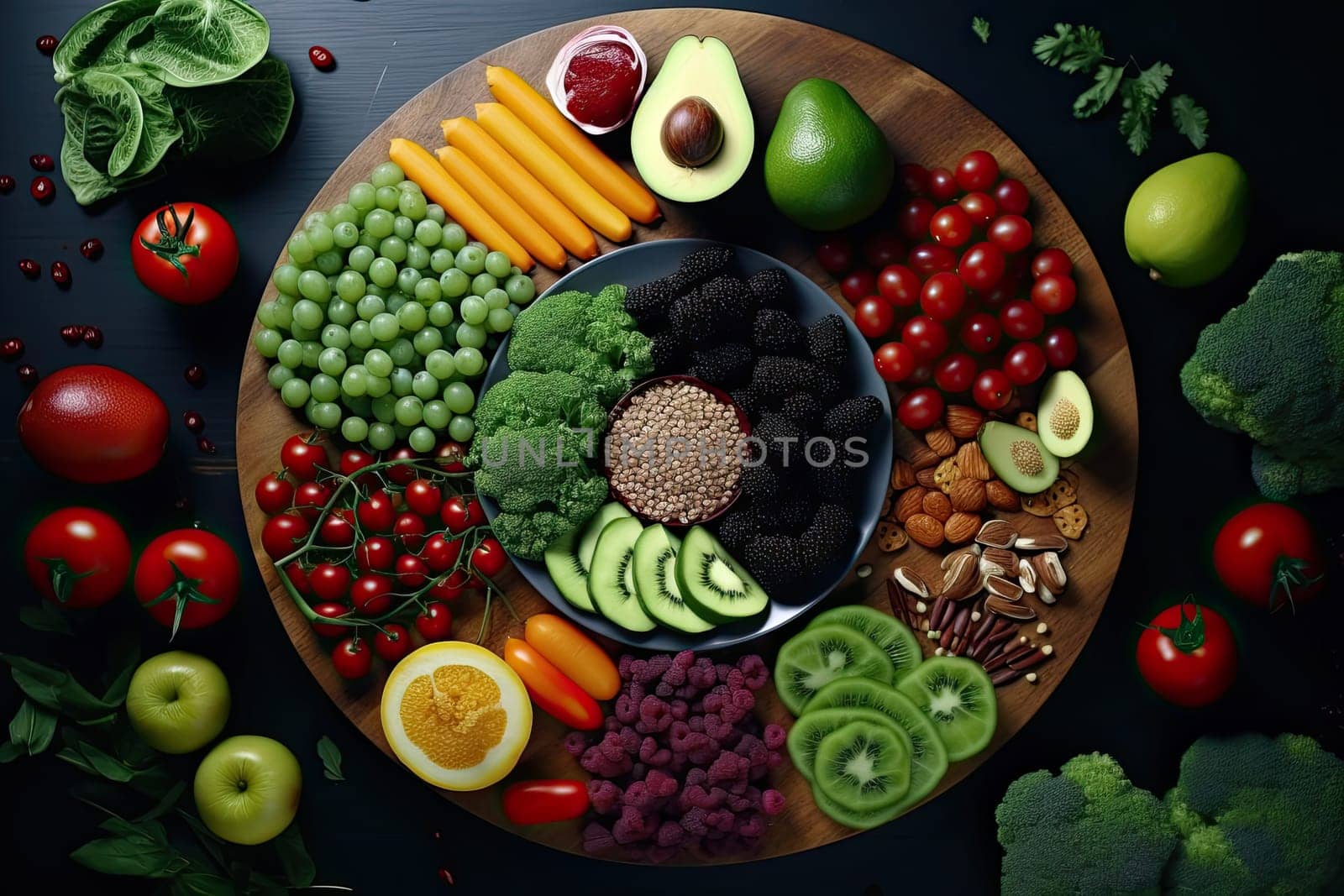 Colorful vegetables and fruits on the table, healthy and wholesome food, Concept of healthy food, Top view. Generative AI