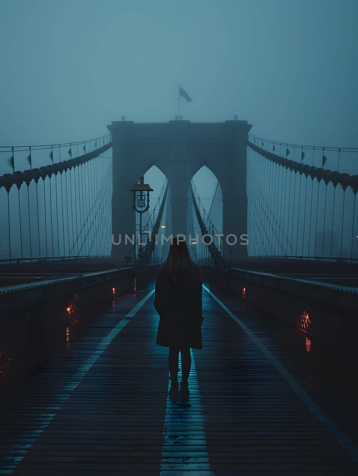 A woman is crossing a beam bridge on a foggy day, surrounded by darkness and limited visibility. The symmetrical structure of the bridge contrasts with the obscured sky and road