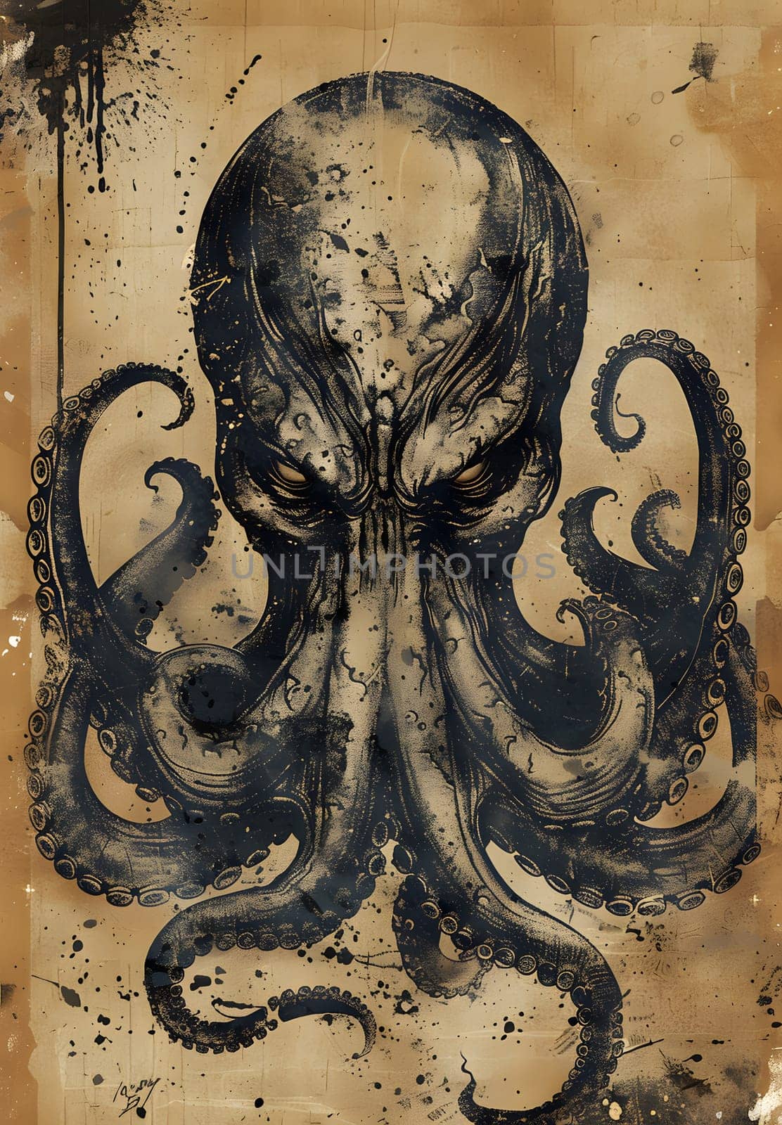 A stunning drawing of a cephalopod octopus on weathered paper, showcasing intricate pattern and symmetry in visual arts with marine invertebrate theme