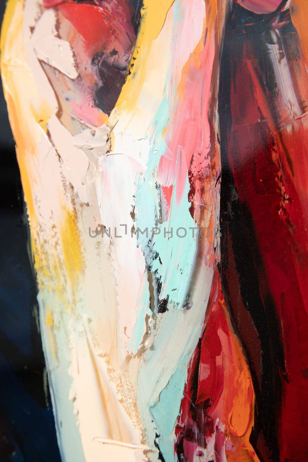 A fragment of the oil painting art. Art was painted with a palette knife and oil paints on round plywood. Conceptual abstract picture.