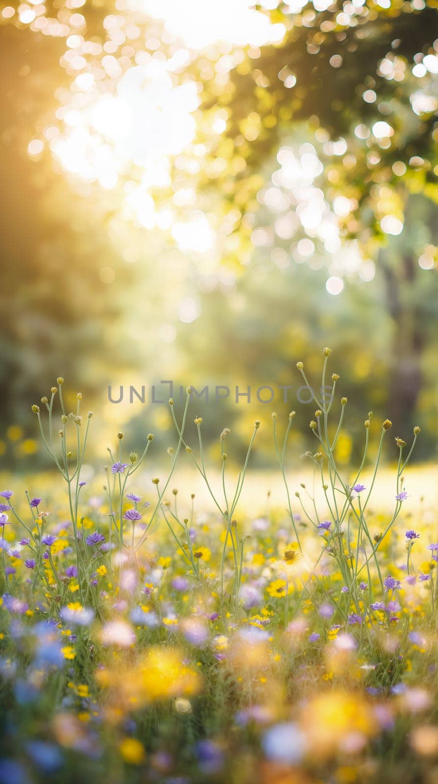 A vibrant field of wildflowers bathed in sunlight with trees casting shadows.