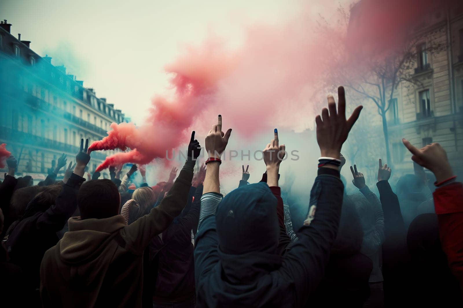 Crowd raising hands in a protest with red smoke flare, signaling unity and defiance - generative AI