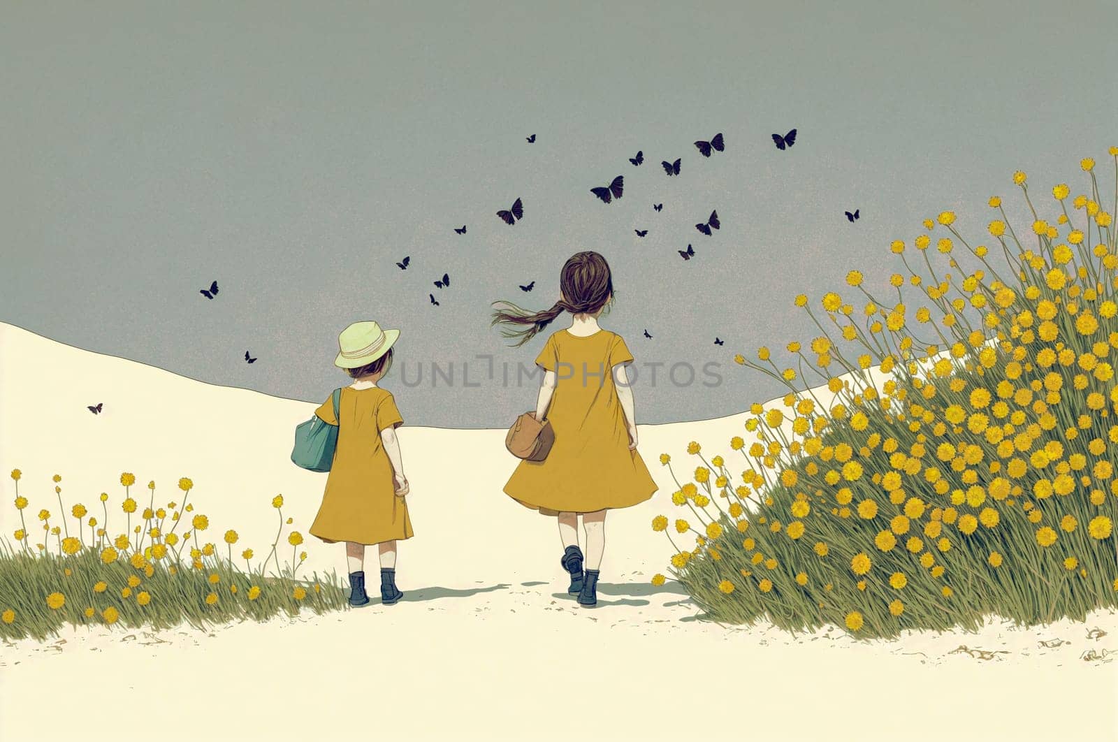 Two children in yellow dresses walking towards a swarm of butterflies on a dune near the beach - generative AI