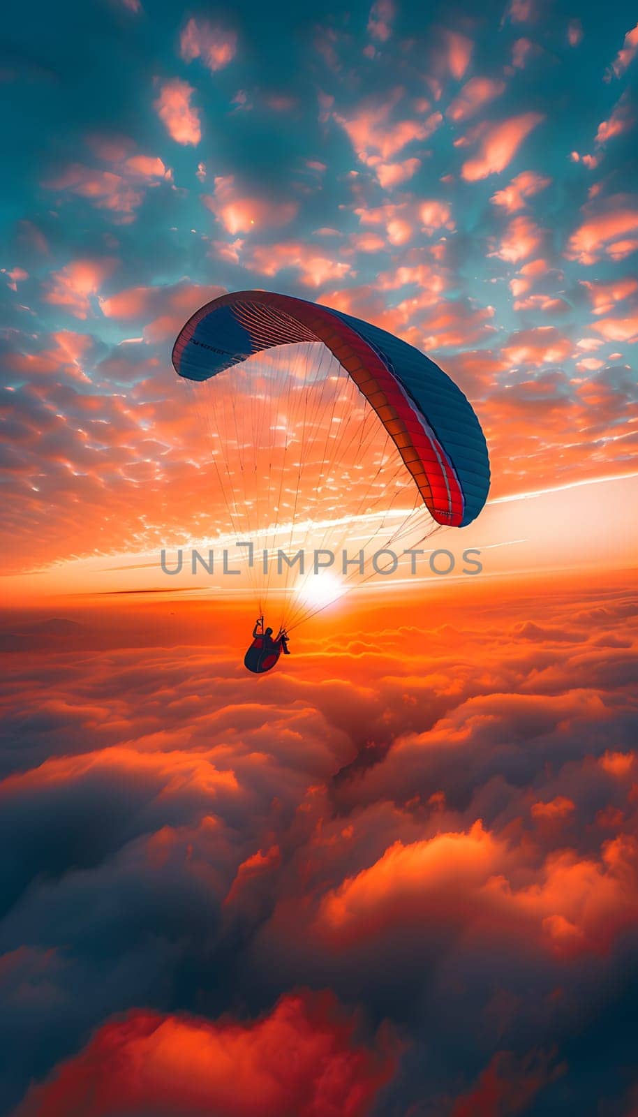 A person is gliding on a parachute above fluffy cumulus clouds at sunset, surrounded by the orange hues of the afterglow in the dusk sky