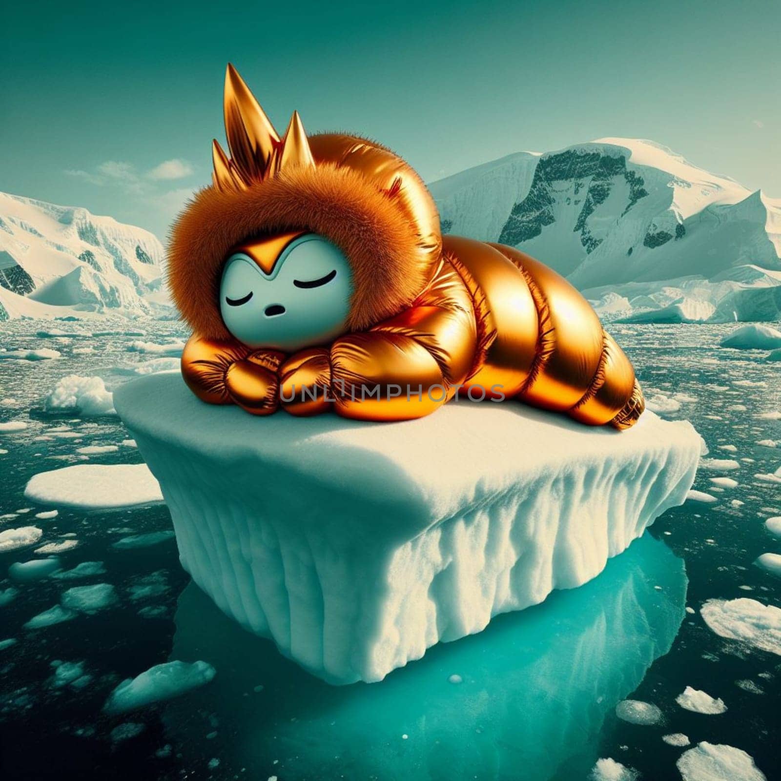 Animal character in yellow golden puffer jacket lies on a block of ice alone in the middle of the ocean sea. Environmental issue, climate change agenda, AI generated
