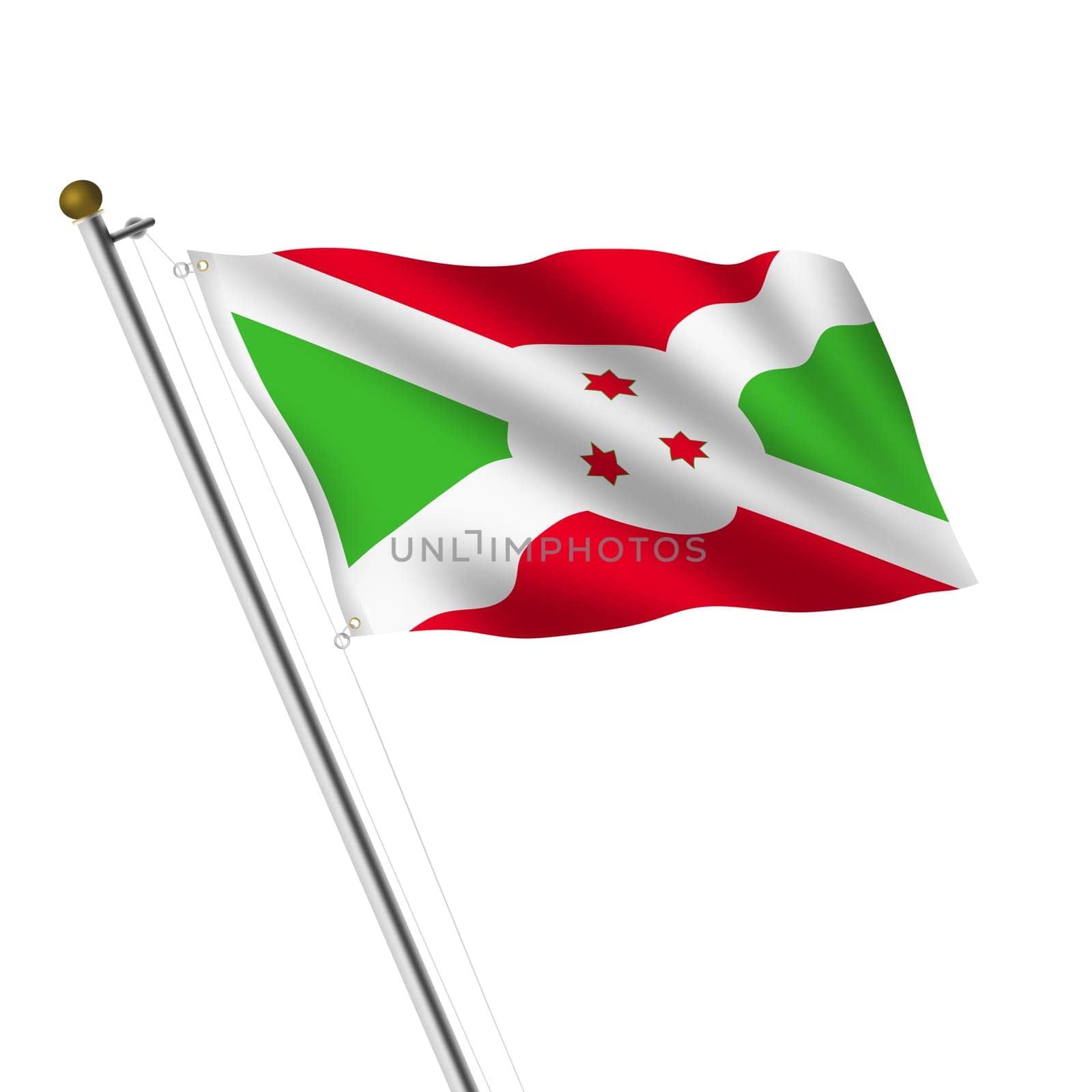 A Burundi Flagpole 3d illustration on white with clipping path