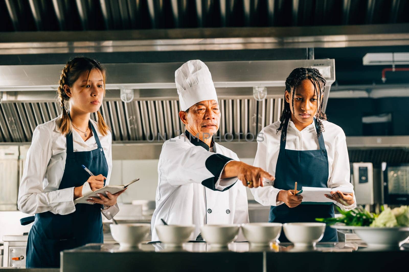 In a restaurant kitchen a senior Asian chef educates multiracial students. Emphasizing teamwork learning and note-taking in this professional setting. Food Edocation