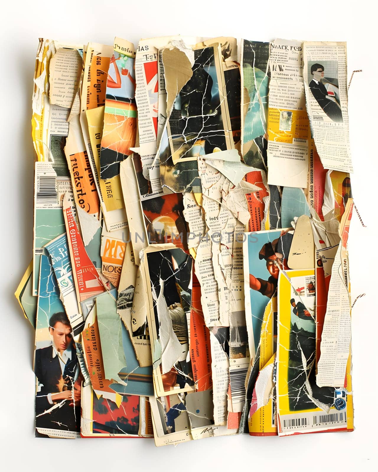 A collage made of old magazines and newspapers featuring a man in a tuxedo, a mix of visual art elements like painting, font, and patterns displayed on rectangular linens