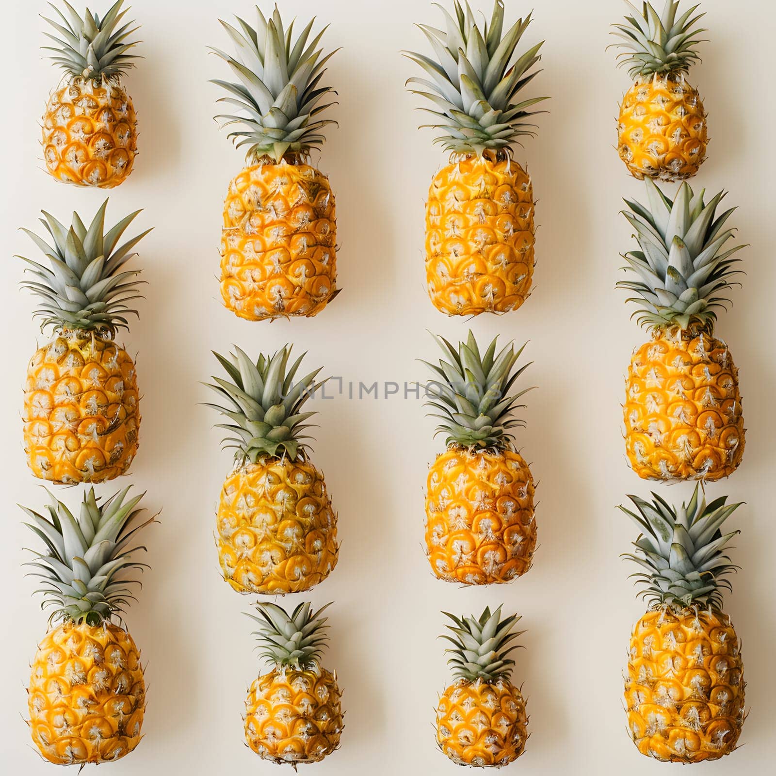 A row of pineapples displayed on a white background. These green and orange fruits are a natural food product and ingredient used in many dishes