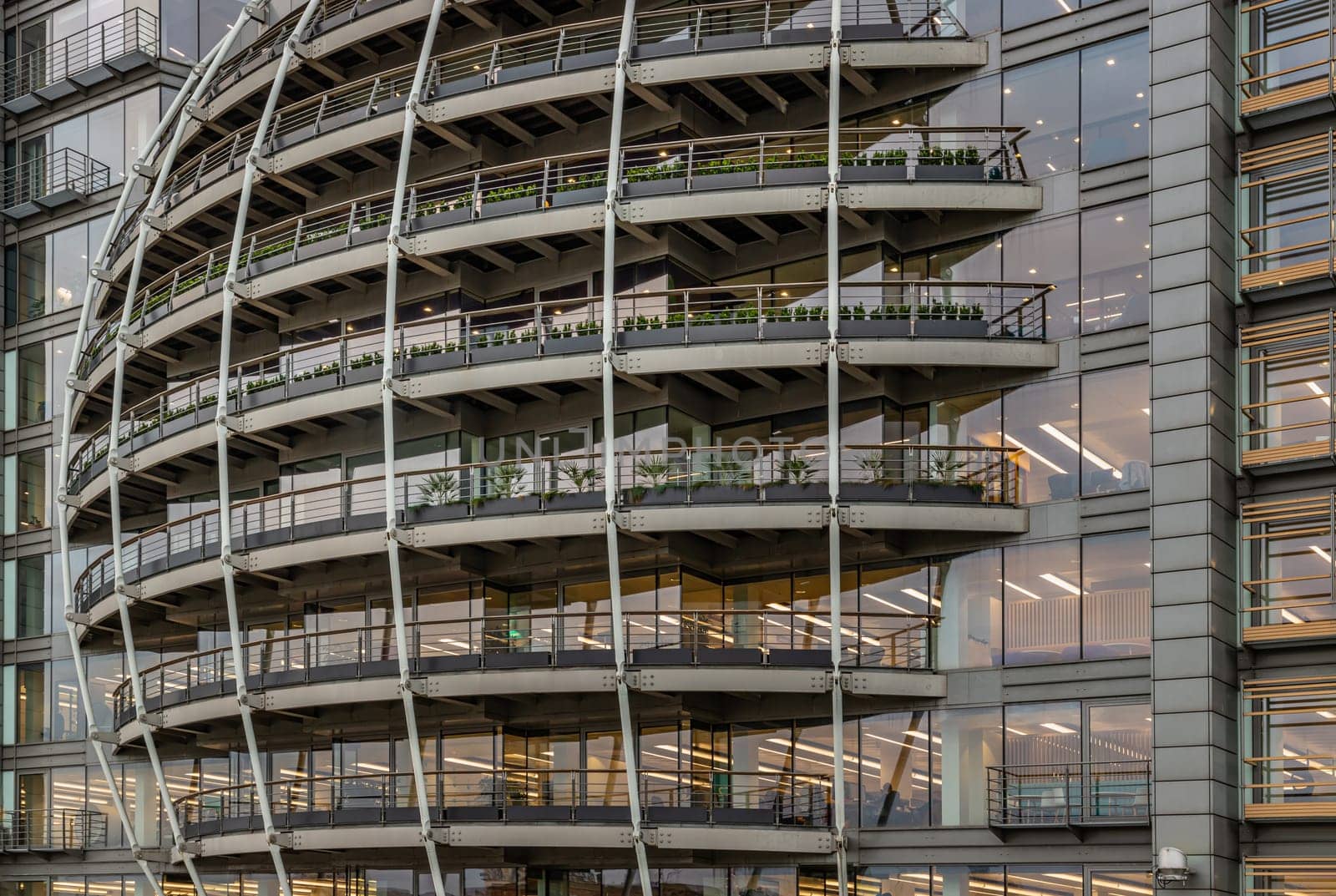 London, UK - Feb 27, 2024 - Modern architectural design of Riverside House. Exterior detail of Curved building along the River Thames of the City of London. Space for text, Selective focus.