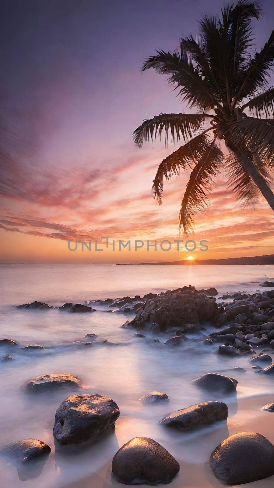 Tropical beach with coconut palm tree at sunset. by yilmazsavaskandag