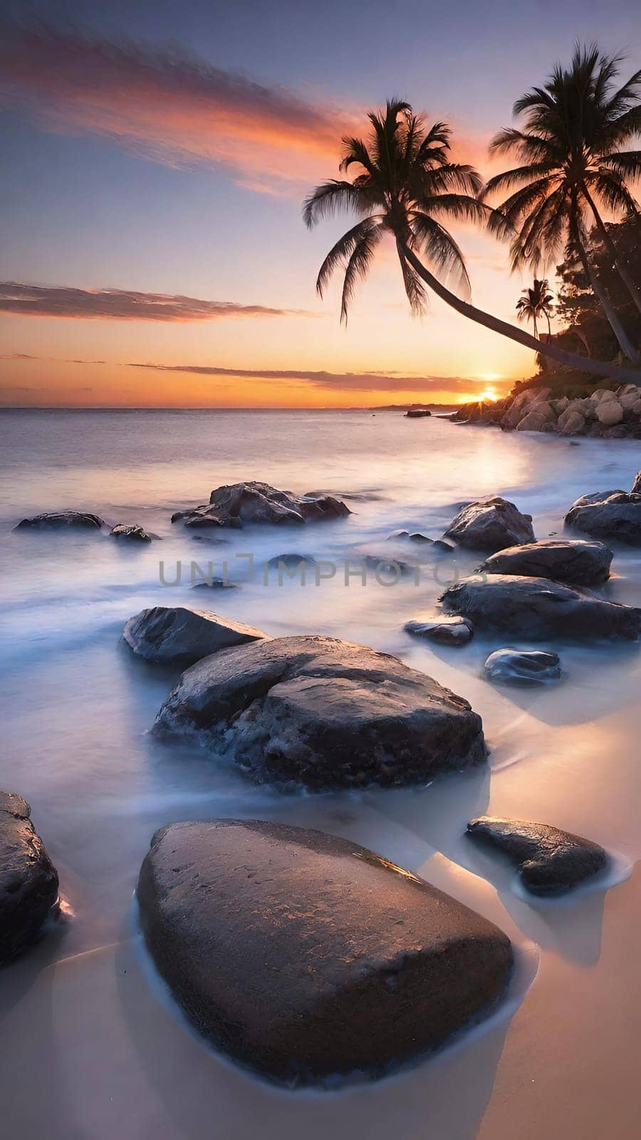 Tropical beach with coconut palm tree at sunset. Nature background.Beautiful sunset on the tropical beach with palm trees and rocks. Long exposure. Nature background