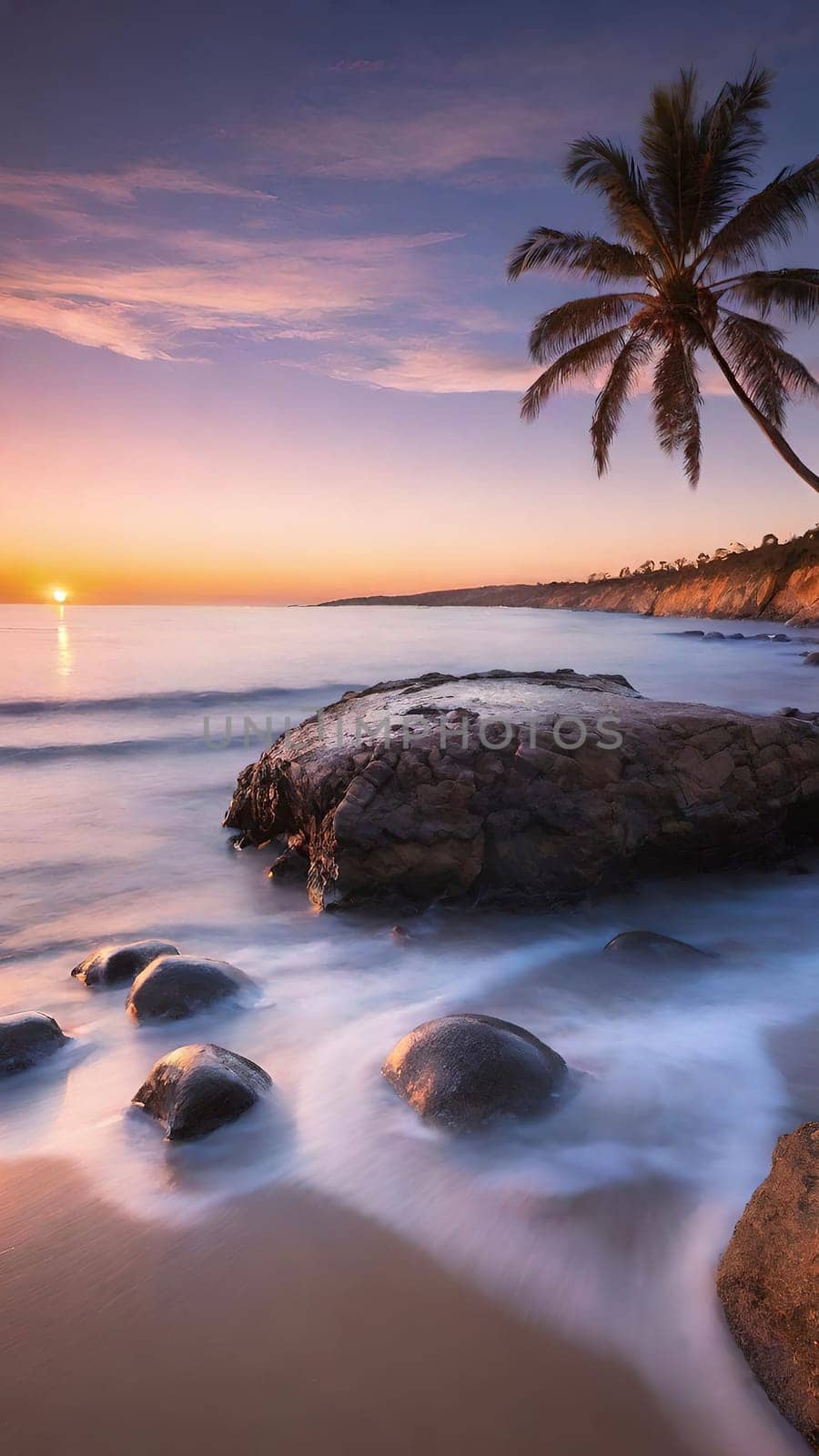 Tropical beach with coconut palm tree at sunset. Nature background.Beautiful sunset on the tropical beach with palm trees and rocks. Long exposure. Nature background