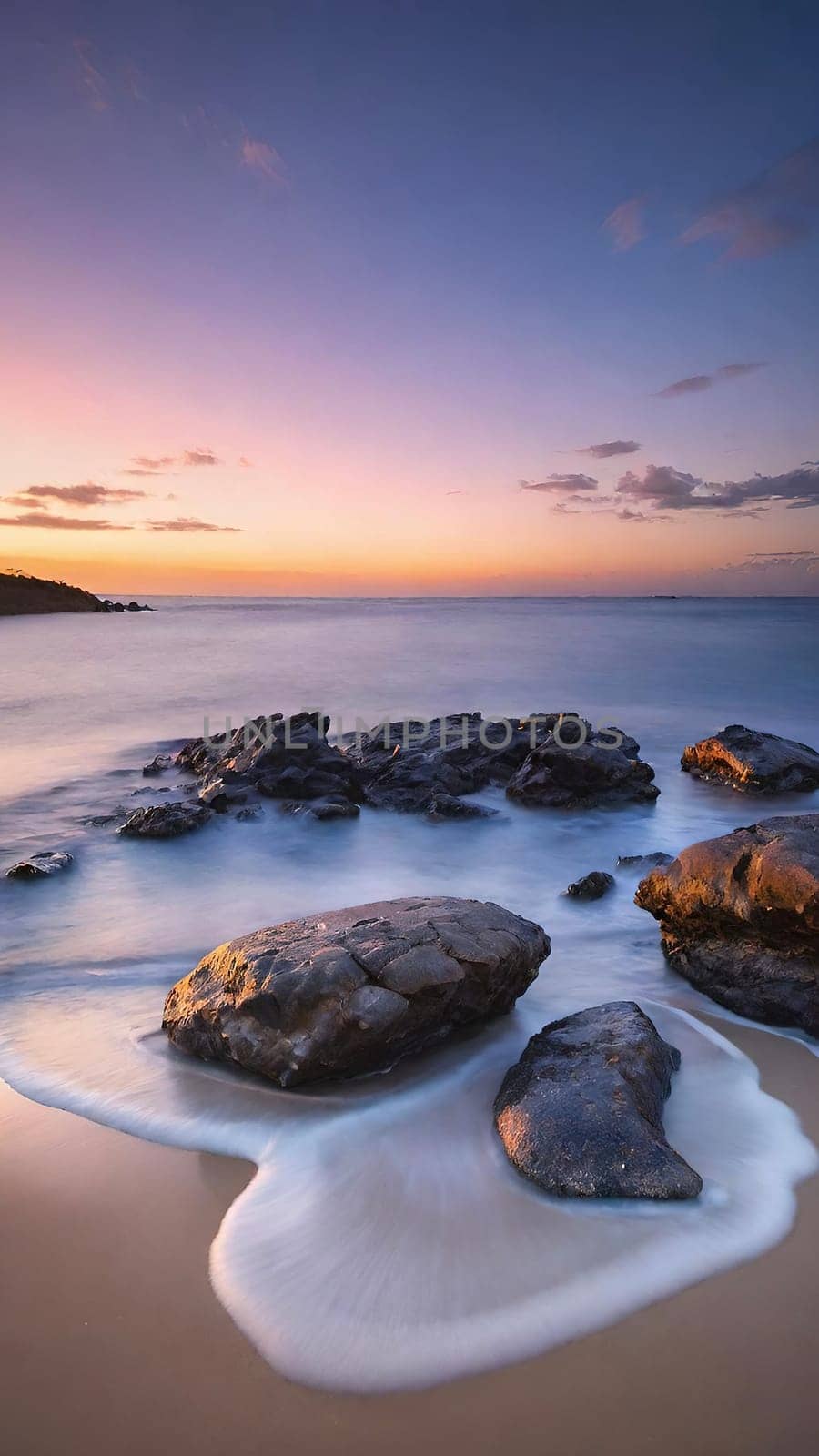 Tropical beach with coconut palm tree at sunset. Nature background.Beautiful sunset on the tropical beach with palm trees and rocks. Long exposure. Nature background