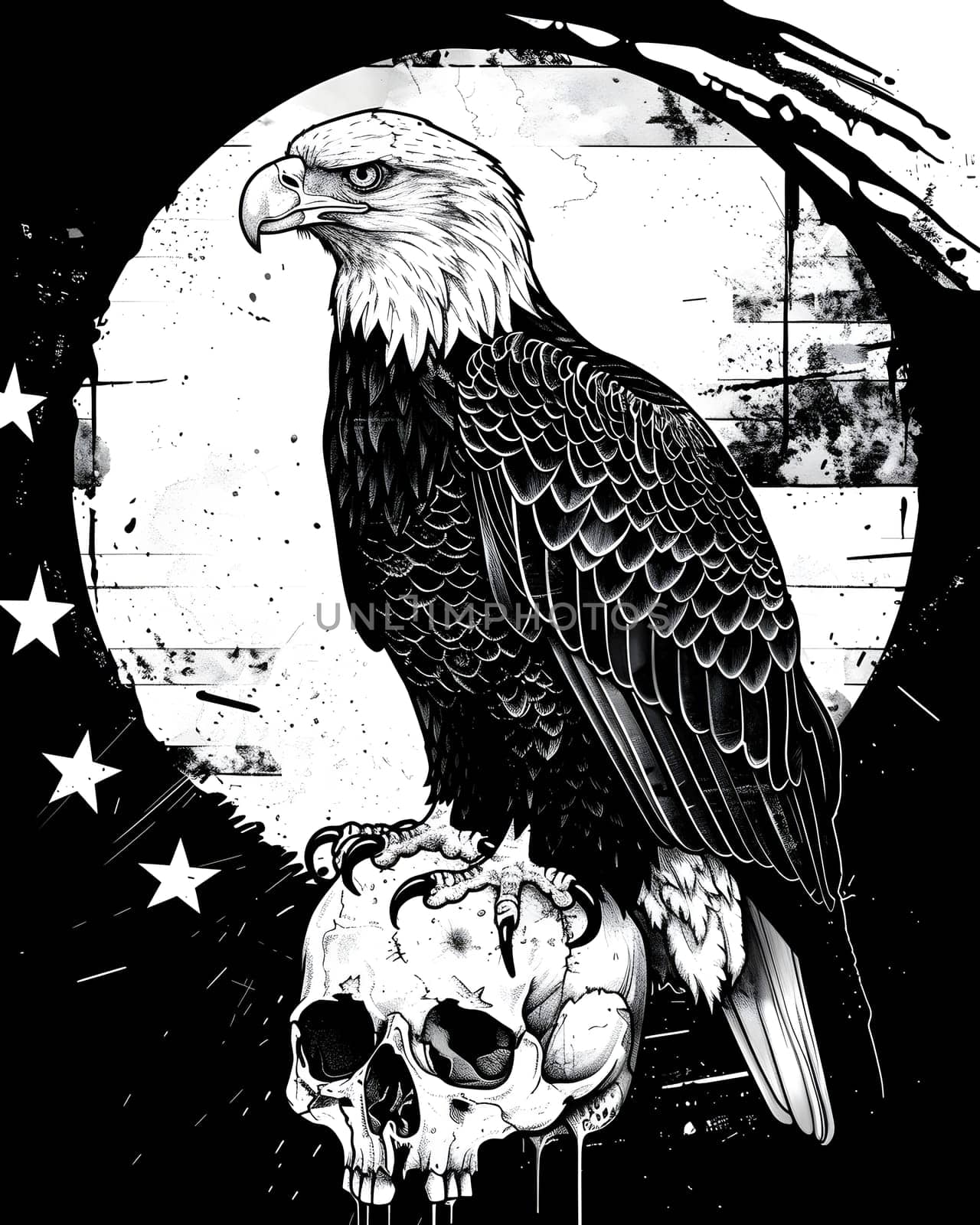 a bald eagle is sitting on top of a skull by Nadtochiy