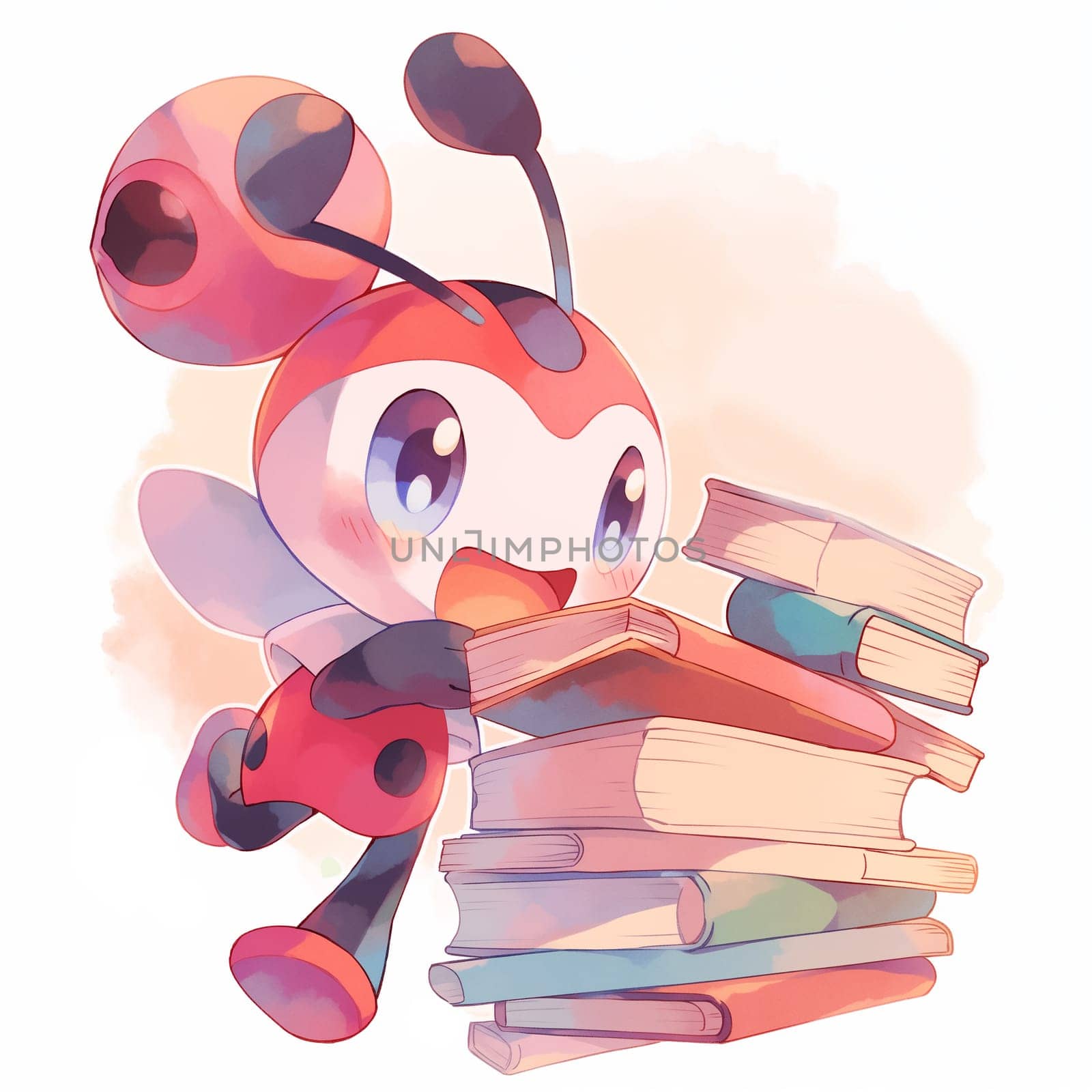 Hand Drawn Cute Ladybug with Stack of Books in Anime Style. Kawaii Style Illustration. Ladybug Cartoon Drawing on White Background.