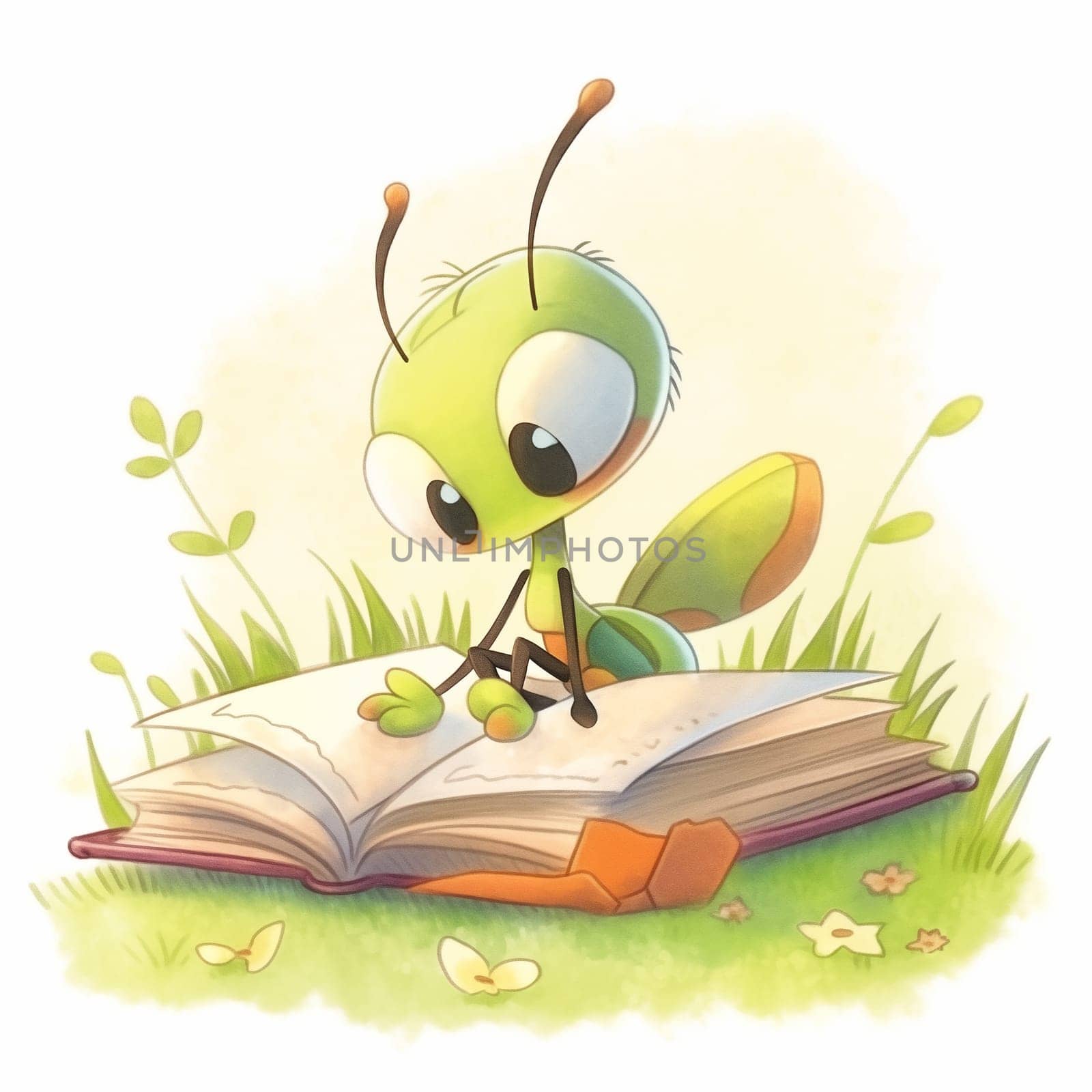 Hand Drawn Cute Ant Reading Books in Anime Style. Kawaii Style Illustration. Ant Cartoon Drawing on White Background.