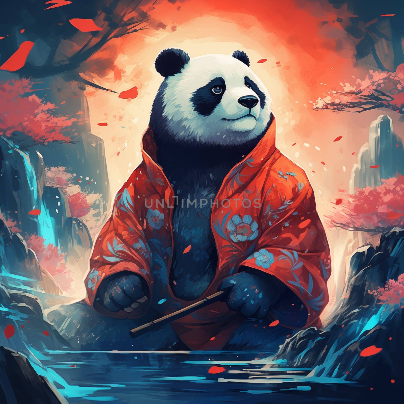 Illustration of a Panda in a Red National Robe. by Rina_Dozornaya