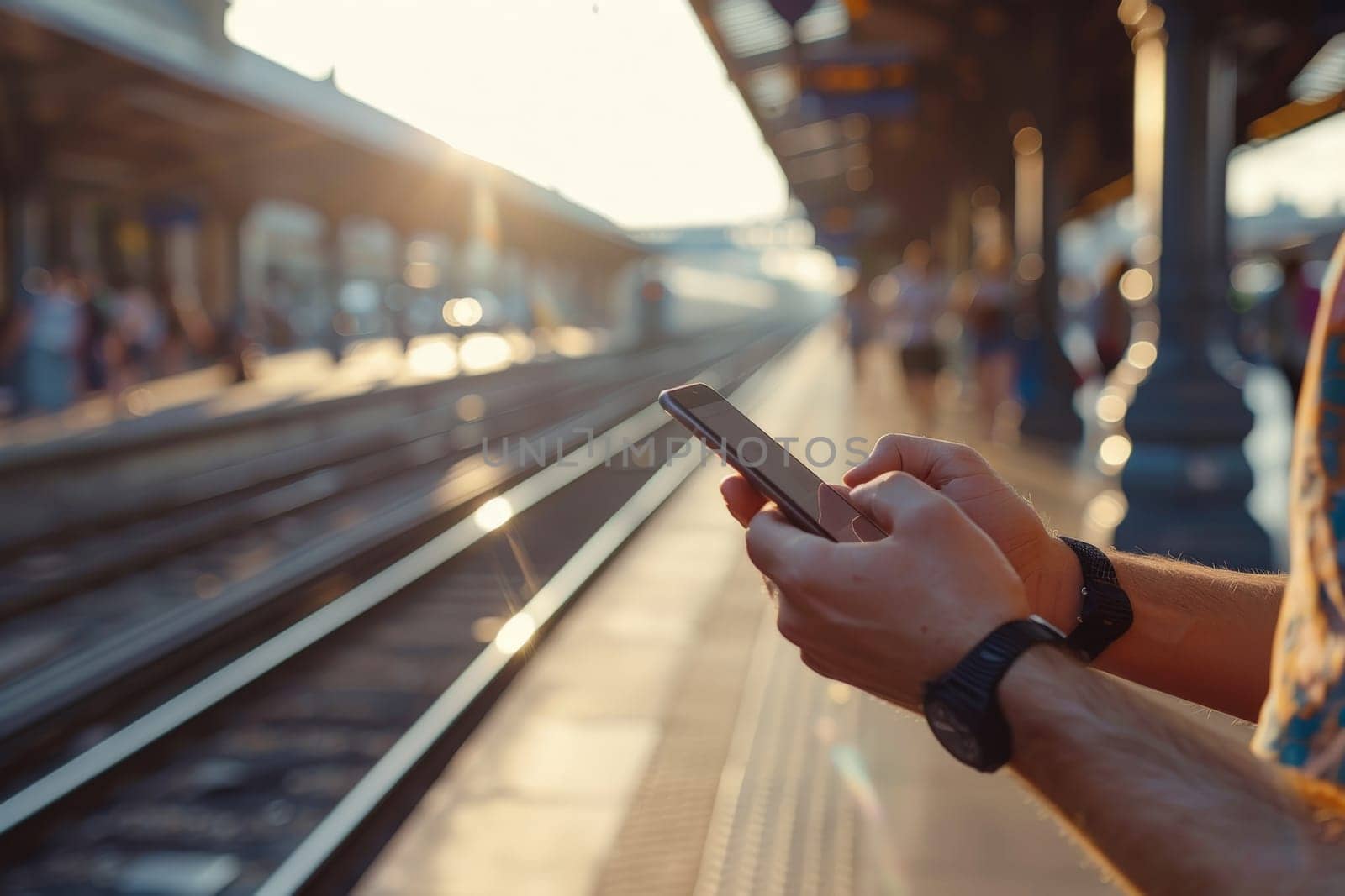 close up hand of a man looking phone on railway station platform and waiting train.