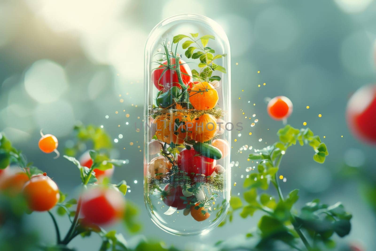 vegetables and fruits in capsule of medicine, vitamins from natural, healthy food, supplement.