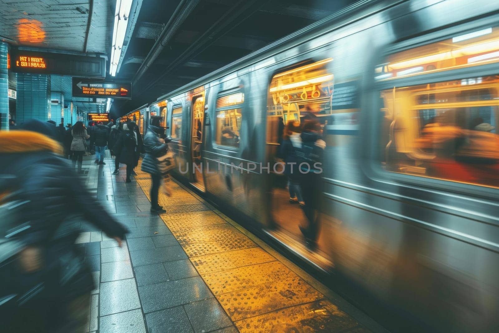 Blurred motion of busy commuters on train station during rush hours, Busy subway station.