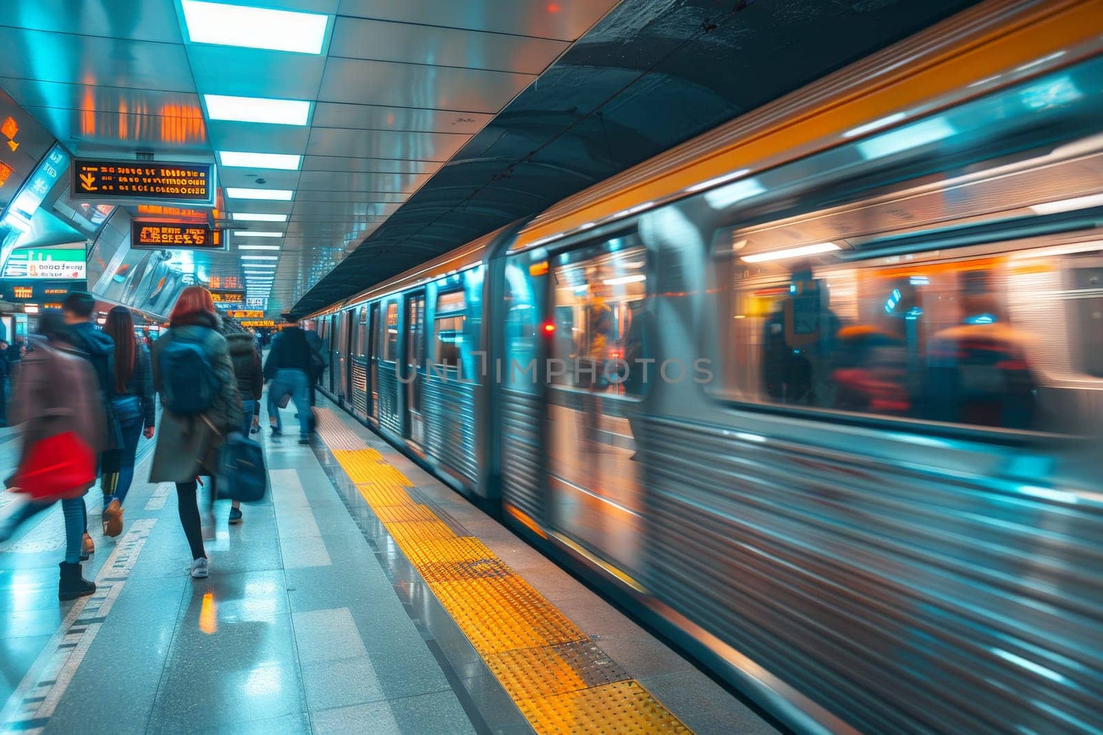 Blurred motion of busy commuters on train station during rush hours, Busy subway station.