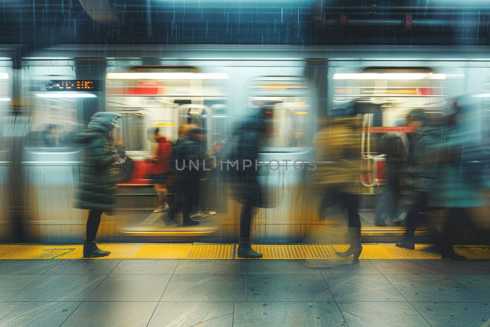 Blurred motion of busy commuters on train station during rush hours, Busy subway station.