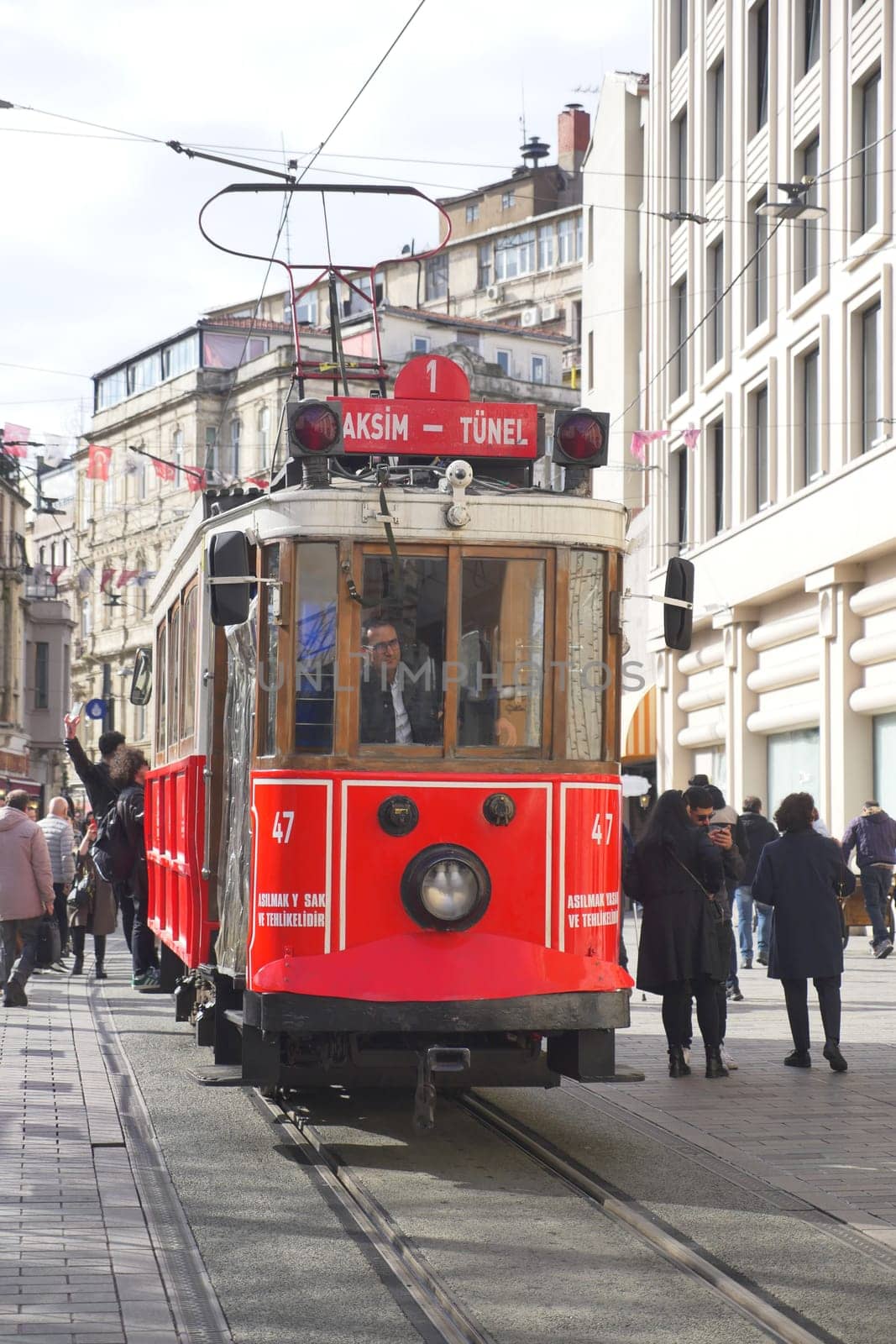 turkey Istanbul 12 may 2023. Nostalgic red tram in Taksim Square.