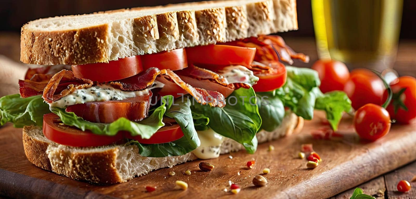 sandwich with extra bacon, seed bread displayed on wooden board in rustic diner. Close-up view, BLT sandwich, grill marks, by panophotograph