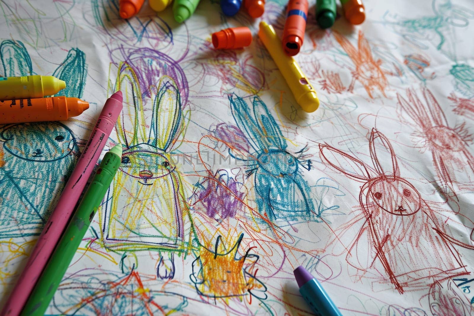 The hand drawing colourful picture of the group of the various type of the rabbit that has been drawn by a colored pencil or crayon on the white background that seem to be drawn by the child. AIGX01.