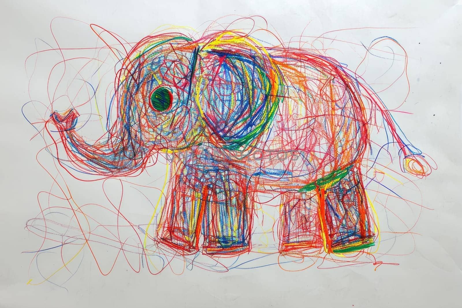 The hand drawing colourful picture of the elephant that has been drawn by the colored pencil, crayon or chalk on white blank background that seem to be drawn by the child that willing to draw. AIGX01.