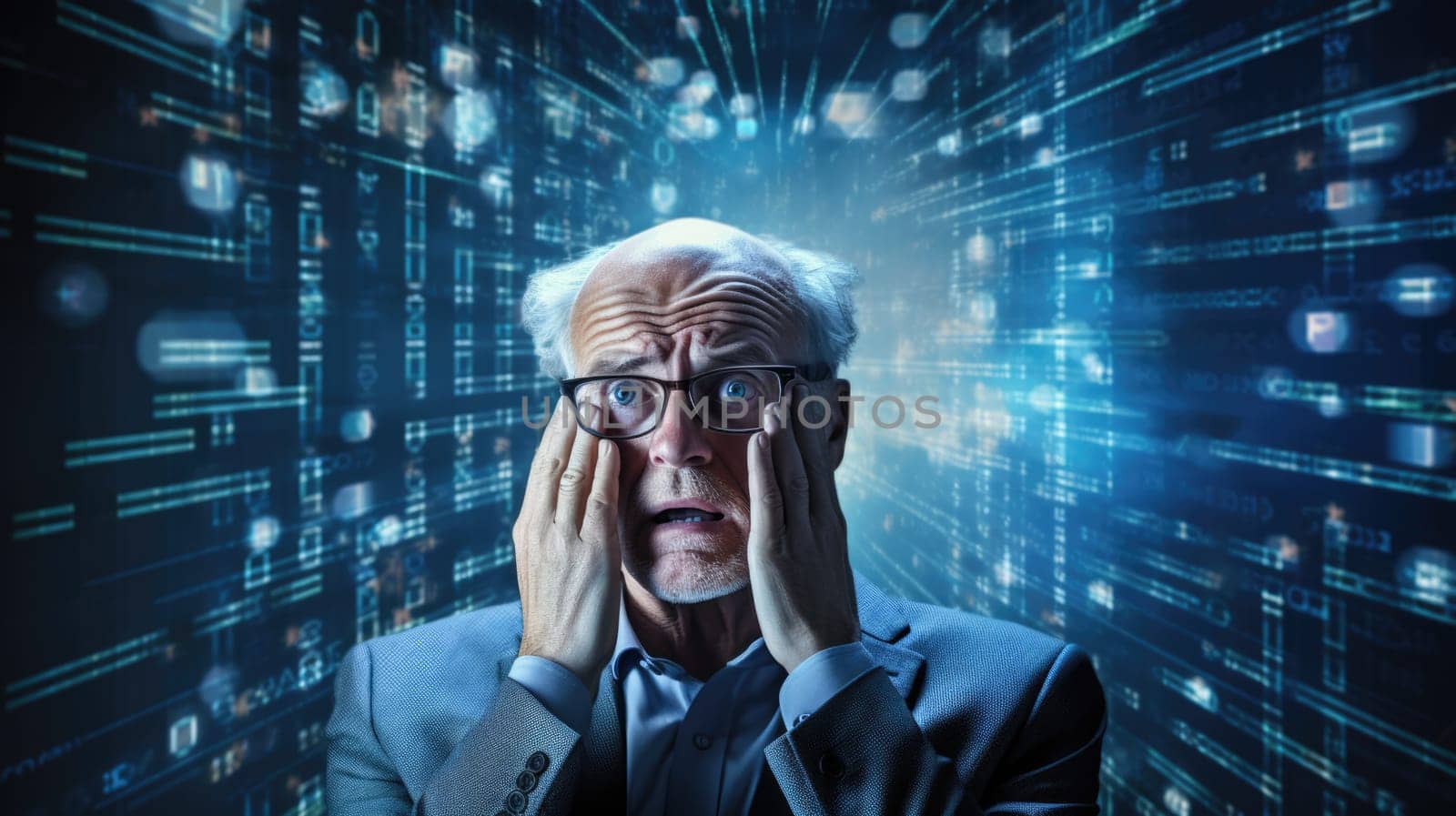 Business person overloaded by stress from business data and information that come from work, technology, social media and marketing business strategy received by a corporate employee