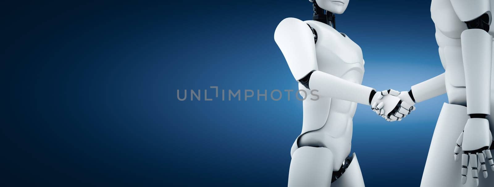 XAI 3D rendering humanoid robot handshake to collaborate future technology by biancoblue