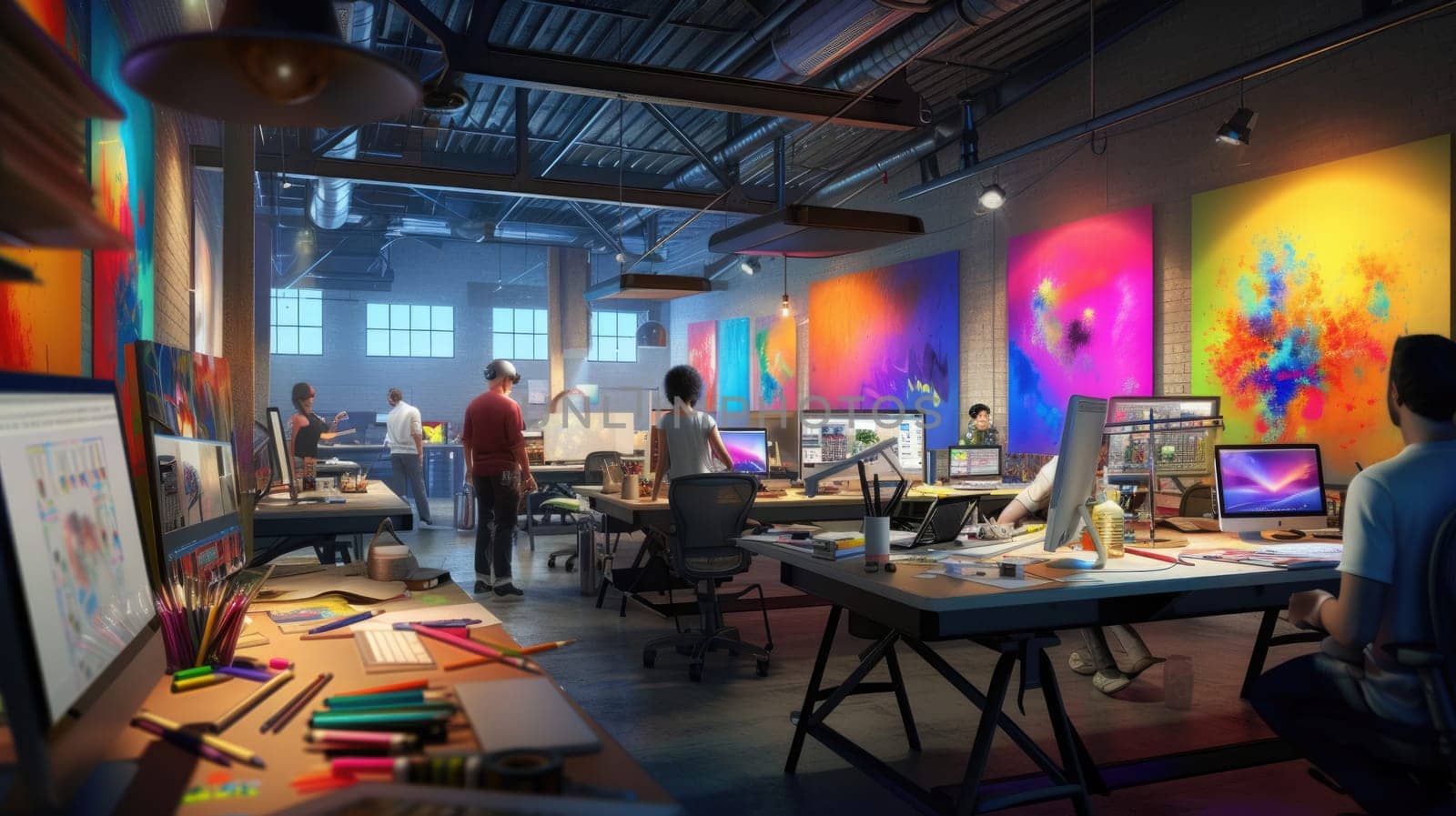 A man is using a computer in an office building, surrounded by tables, paintings, and art in a magenta-themed room. AIG41