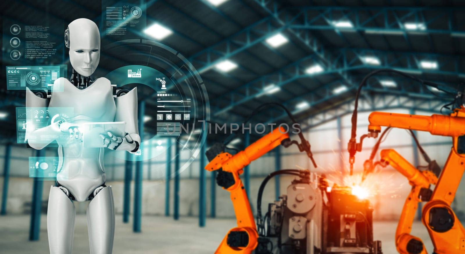 XAI Mechanized industry robot and robotic arms for assembly in factory production. Concept of artificial intelligence for industrial revolution and automation manufacturing process.
