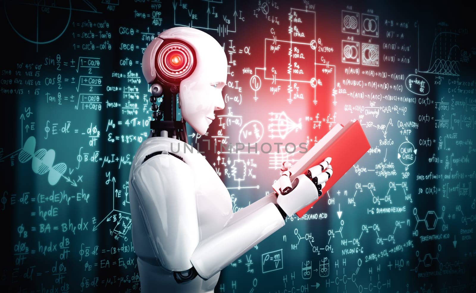 XAI 3d illustration 3D illustration of robot humanoid reading book and solving math data analytics in concept of future mathematics artificial intelligence, data mining and 4th fourth industrial automation revolution.