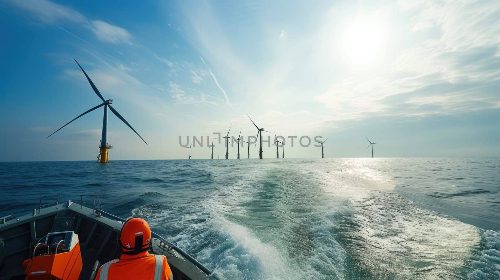 A man observes wind turbines on a boat amidst the vast ocean, with the sky, clouds, and water blending harmoniously. AIG41