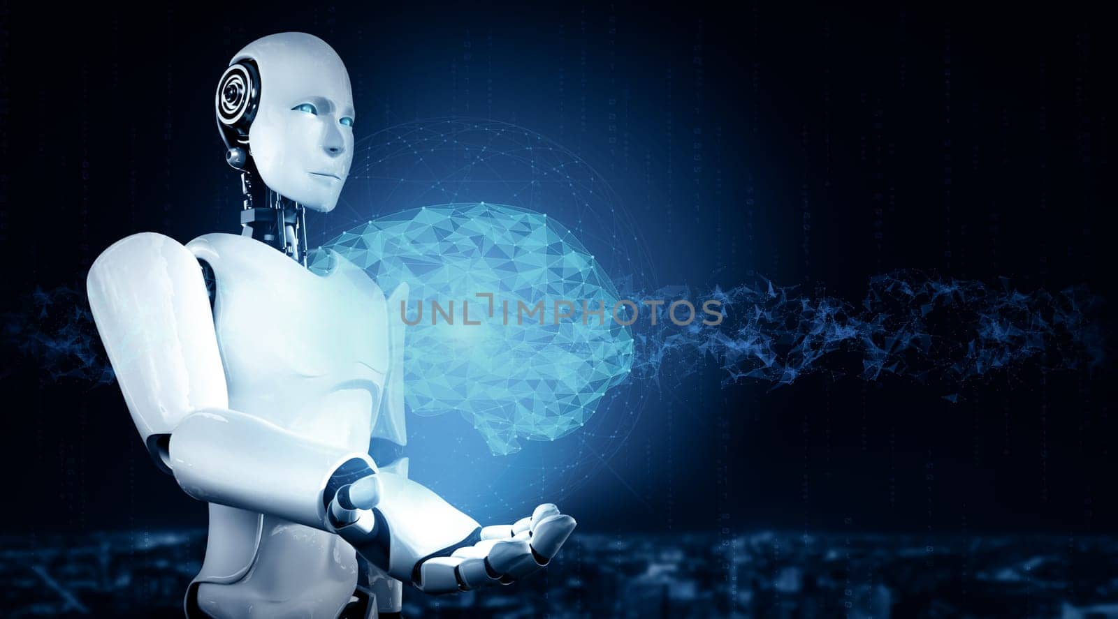 XAI AI humanoid robot holding virtual hologram screen showing concept of AI brain by biancoblue