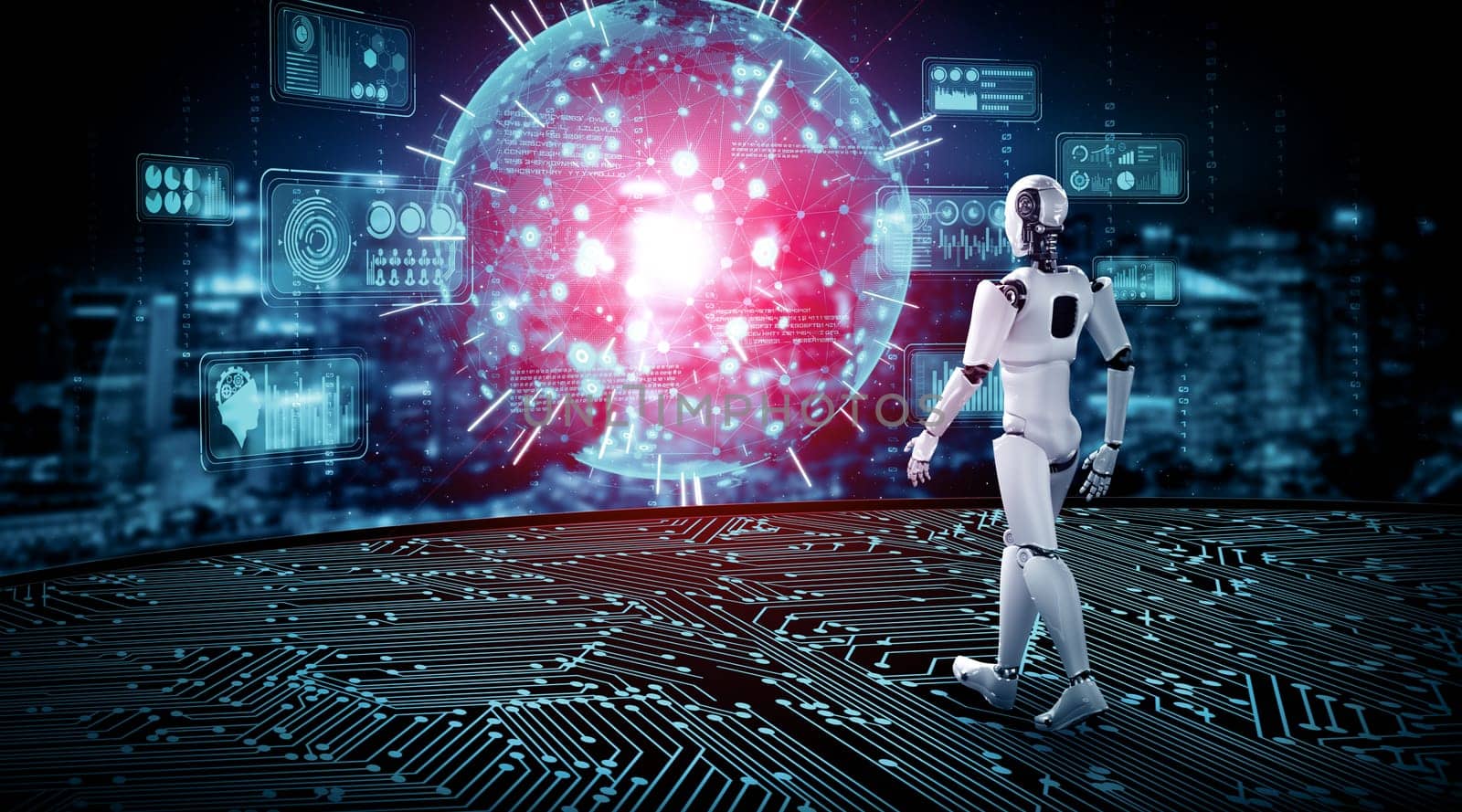 XAI 3D rendering robot humanoid analyzing big data using AI thinking by biancoblue