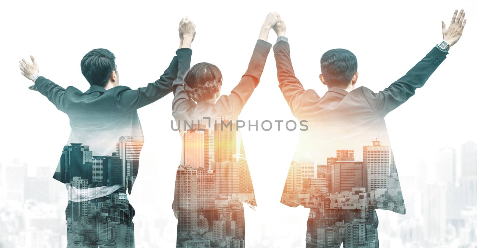 Double exposure image of many business people conference group meeting on city office building in background showing partnership success of business deal. Concept of teamwork, trust and agreement. uds