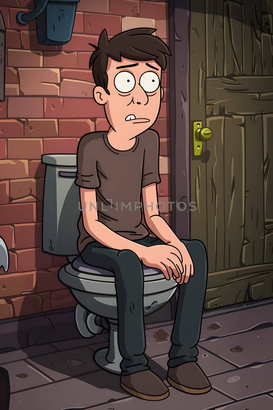 An animated cartoon man with glasses is sitting on a wooden chair in front of a brick wall, in a drawing illustration style. The art is a painting