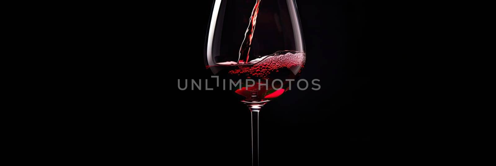 Red wine glass on dark background, banner, copy space, Generative AI. by AnatoliiFoto
