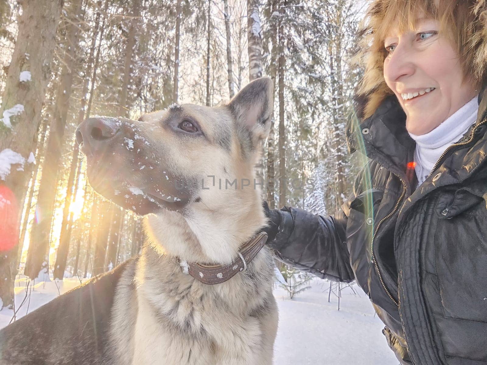 Adult girl with shepherd dog taking selfies in winter forest. Middle aged woman and big shepherd dog on nature in cold day. Friendship, love, communication, fun, hugs