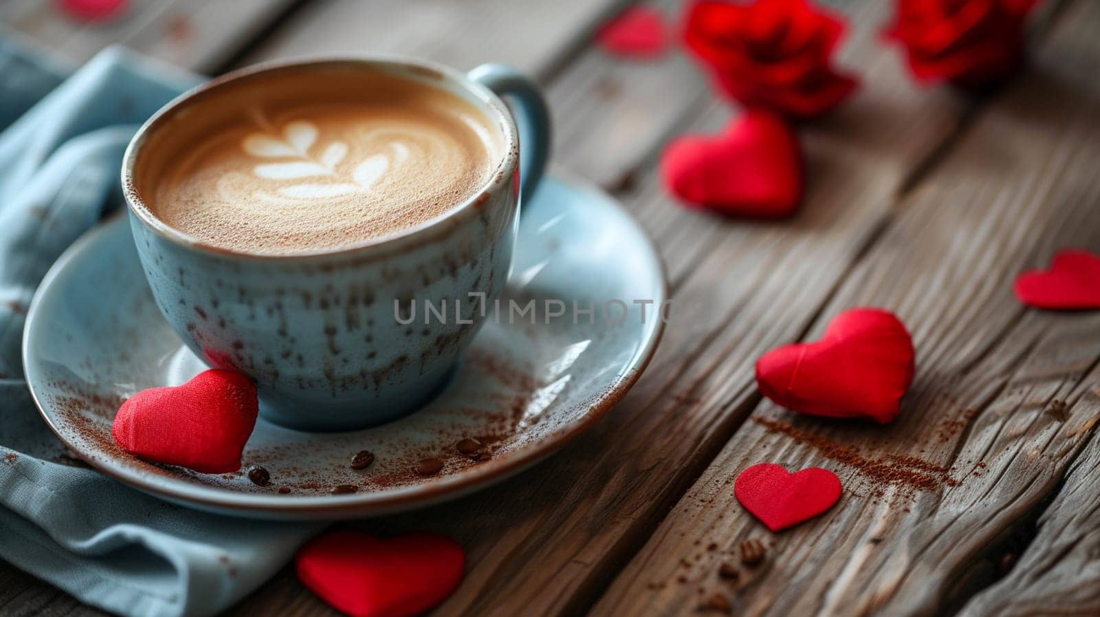 cup of coffee on a wooden background with hearts on a wooden background, Generative AI,