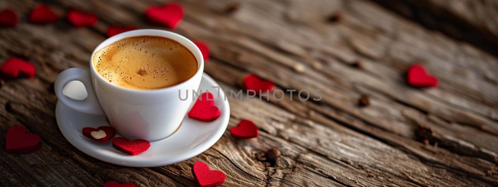 cup of coffee on a wooden background with hearts on a wooden background, Generative AI,