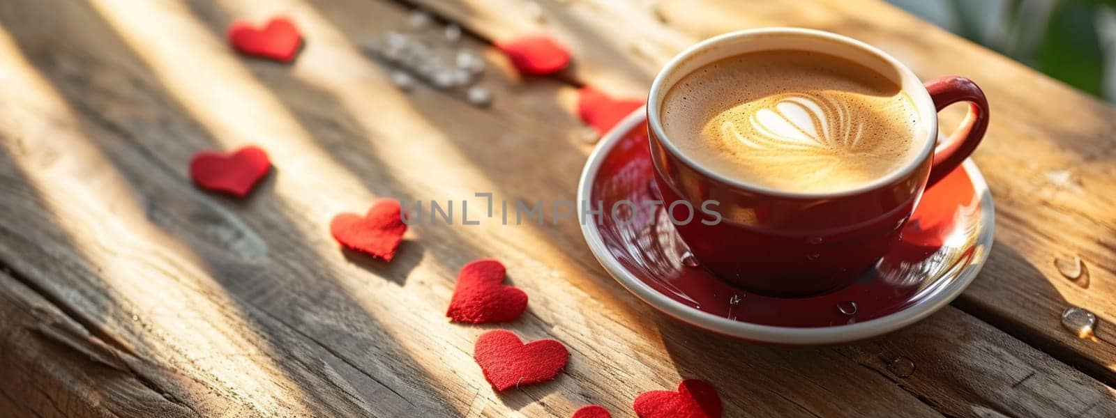 cup of coffee on a wooden background with hearts on a wooden background, Generative AI, by mila1784